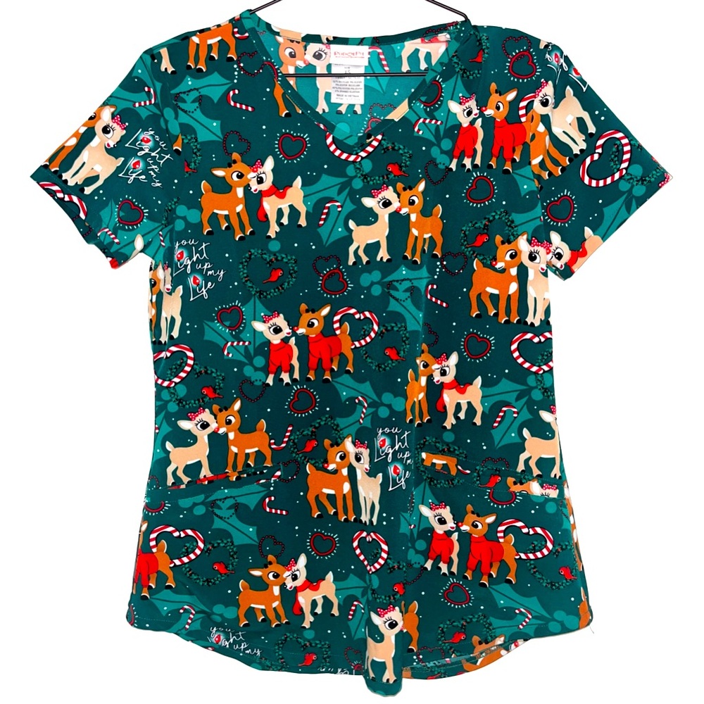 Women's Green XS Scrub Top Rudolph The Red Nose Reindeer Christmas Tooniforms